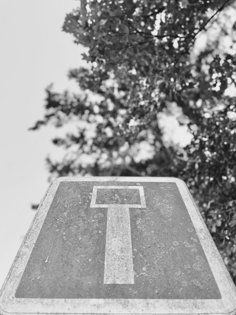 Low angle on a “cul-de-sac” sign with foliage and sky in the background.