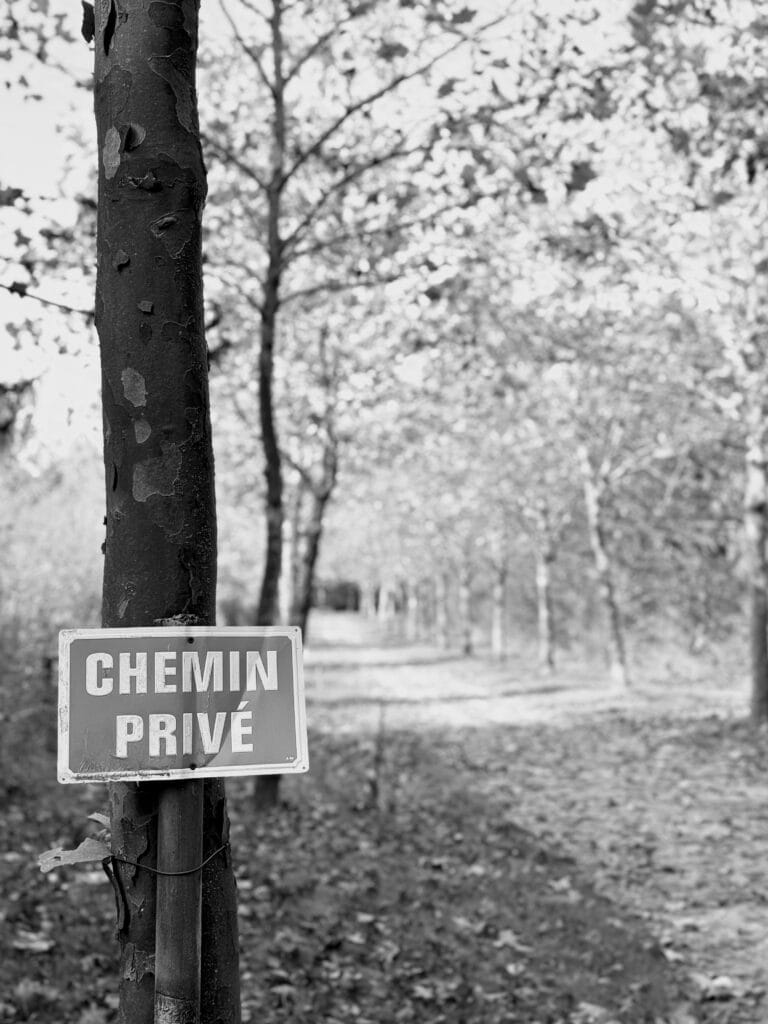 Vue d’æn allée ensoleillæ bordæ de platanes. Al premiær plan à gauche, sur æn tronc est clouæ æn panneau ‘chemin privæ’.