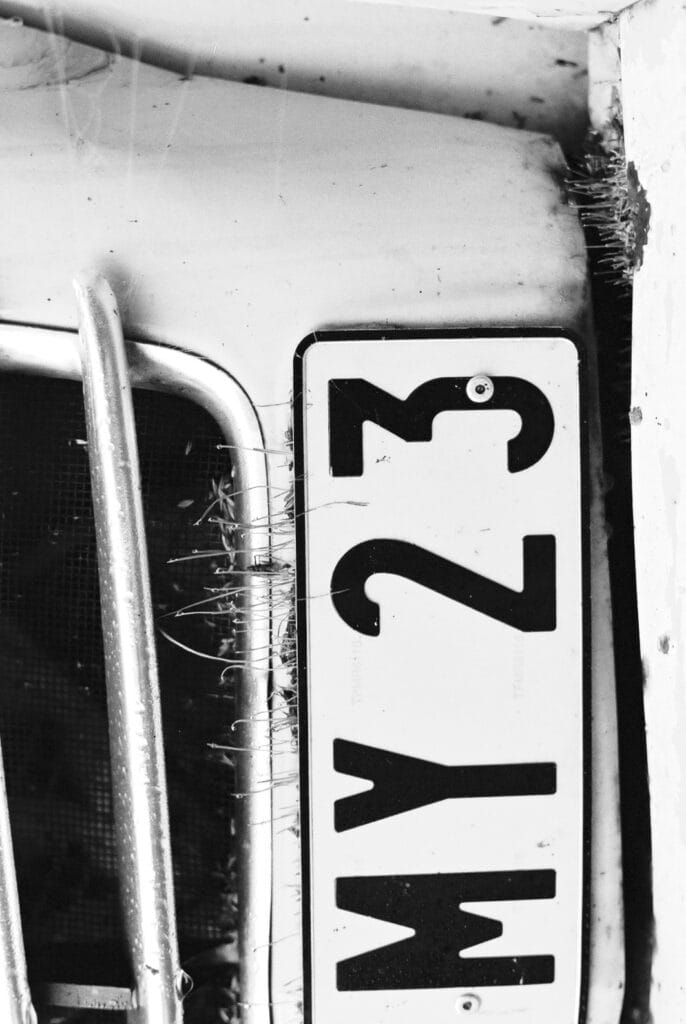 Close-up of the front of a 2CV -a famous and vintage popular French car, and part of its number plate reading 'MY 23', with dew-dropped grass growing behind the plate and on the bumper.