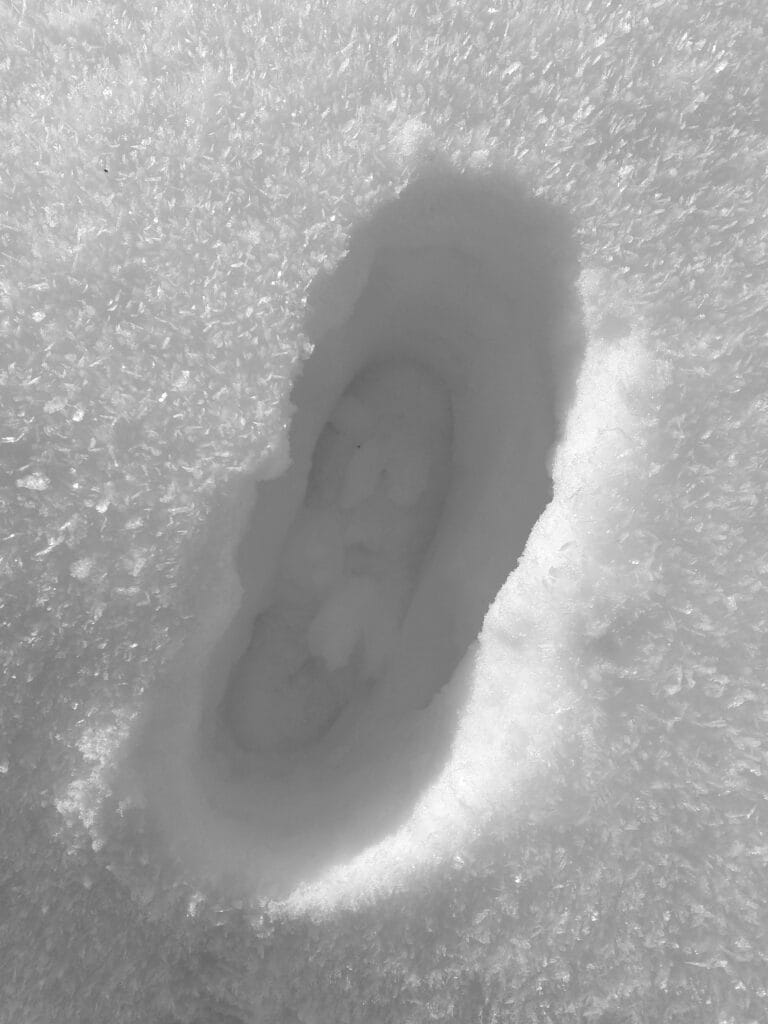 A deep footprint in the snow.