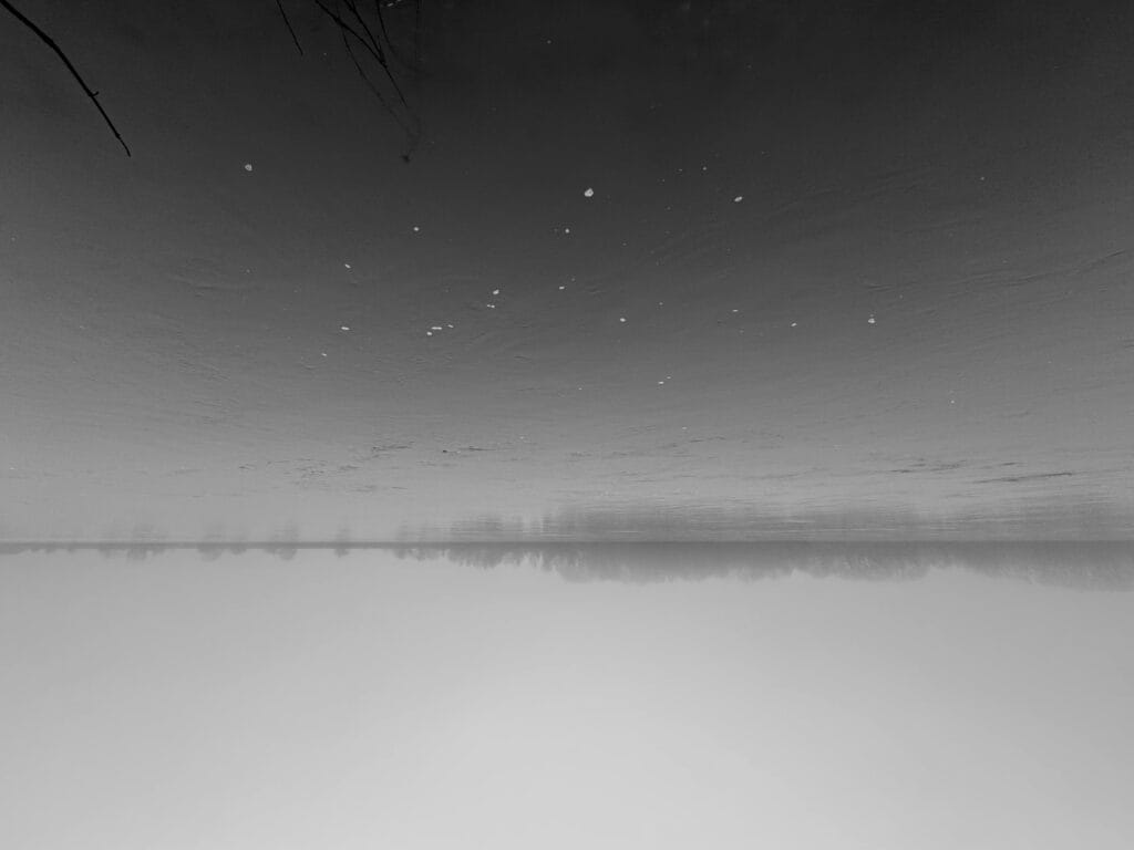 View of the river on a foggy day, with bubbles formed by the wind on the surface.