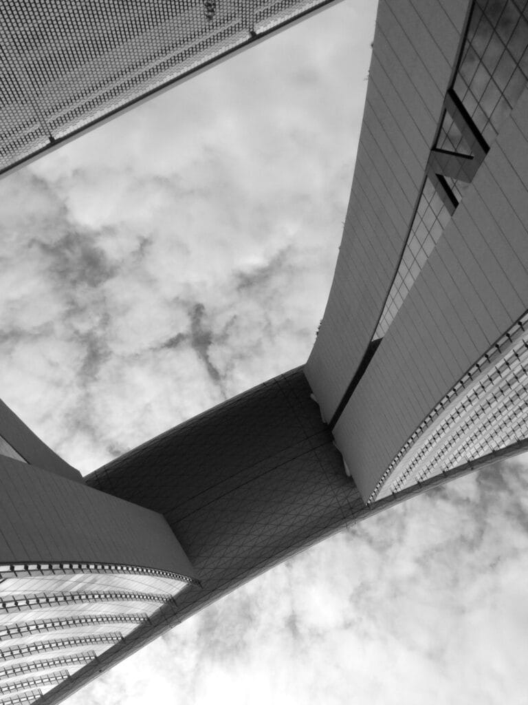2 towers and the SkyPark seen from below.