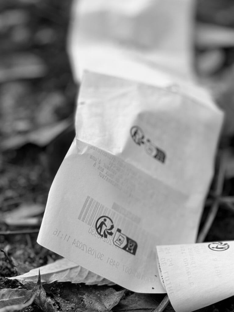 Abandoned receipts on a path.