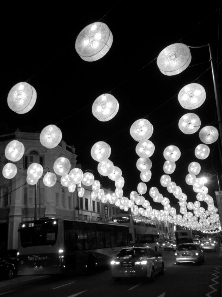 View of a street in Chinatown, Singapore, decorated with lanterns for the New Year celebrations.