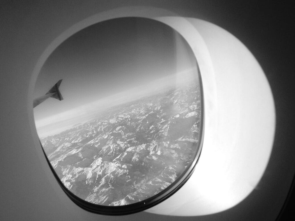 Aerial view of the Alps from the window.