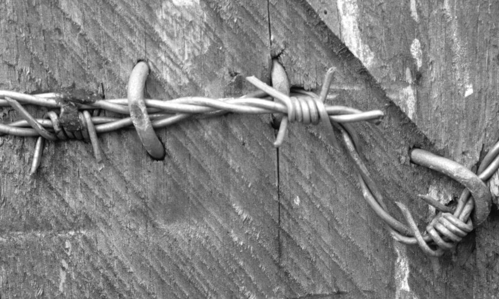 Small piece of barbed wire attached to a post by no less than 3 clips.