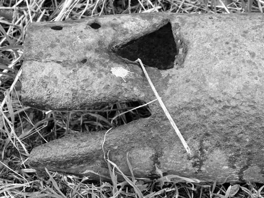 Piece of rusty gutter with a hole-eye and a slit-mouth.