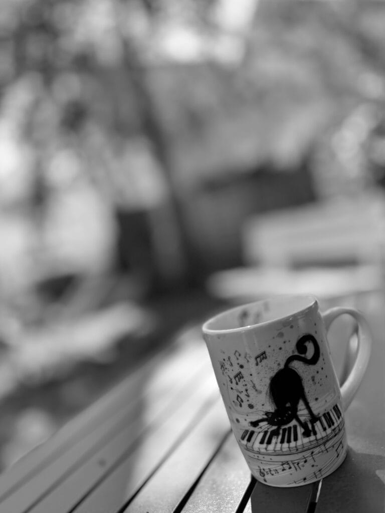 Mug with a drawing of a cat playing the piano wildly.