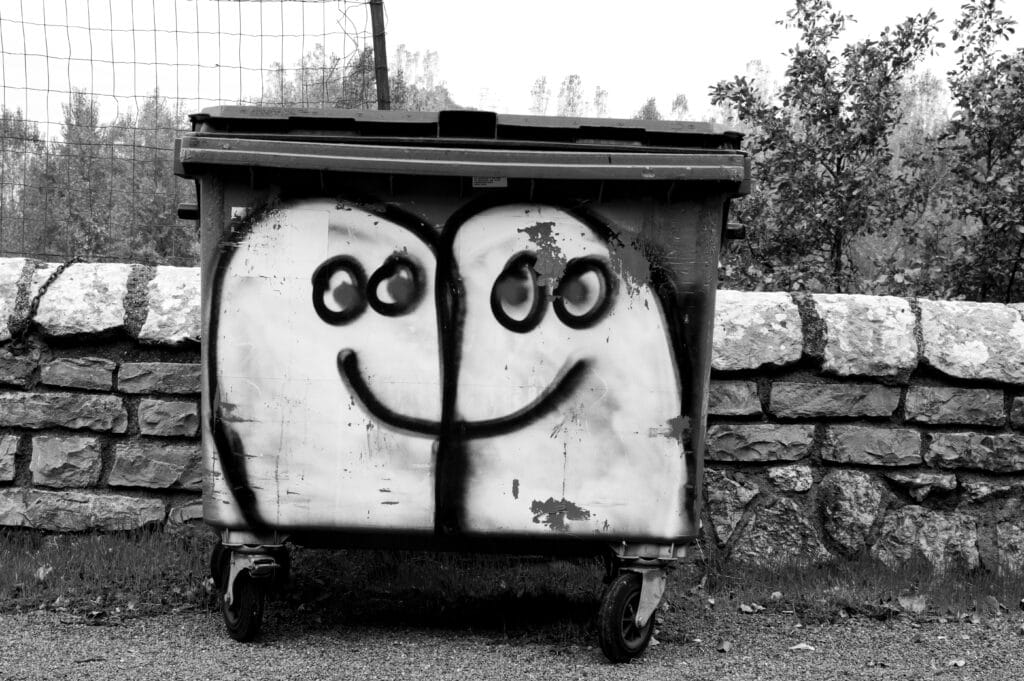 Graffiti of two characters on a wheeled bin container, with slightly hallucinatory eyes and a shared smile.