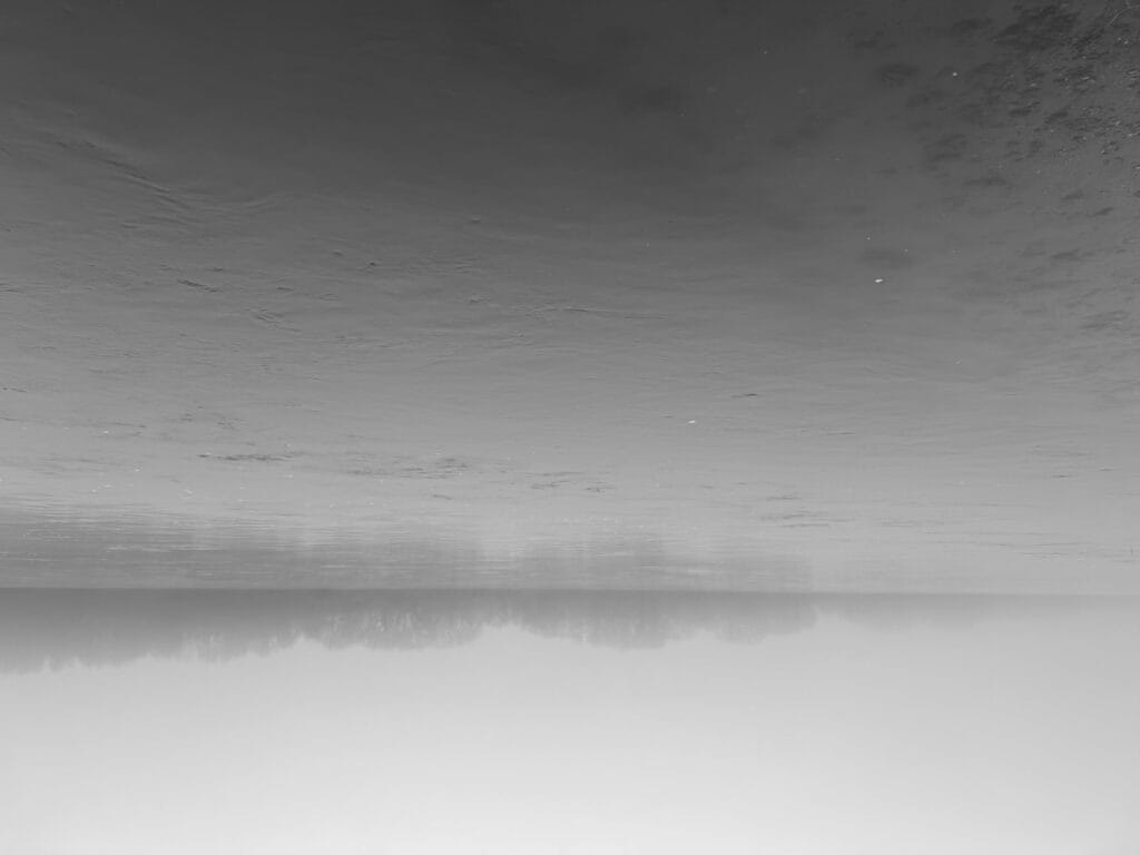 Vue toux grix dal rivière par temps de brume. L’image est à l’envers.