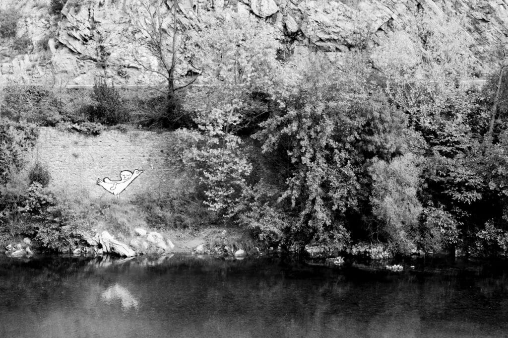 Graffiti along the river depicting a sleeping person on the back of a hammock-like bird.