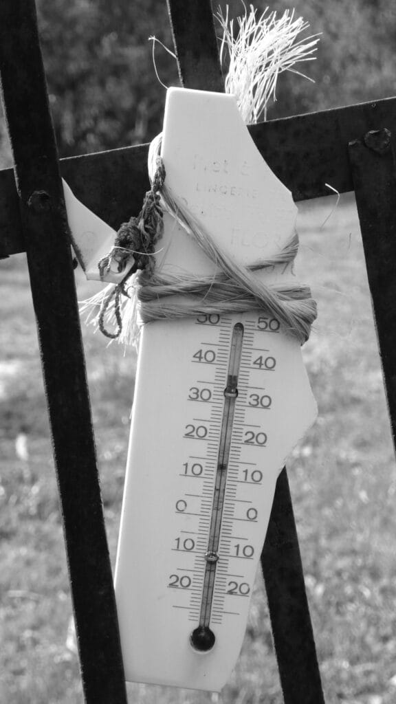 Thermometer hung on a rusty fence with thick string that forms a ponytail-like knot at the top of the thermometer.