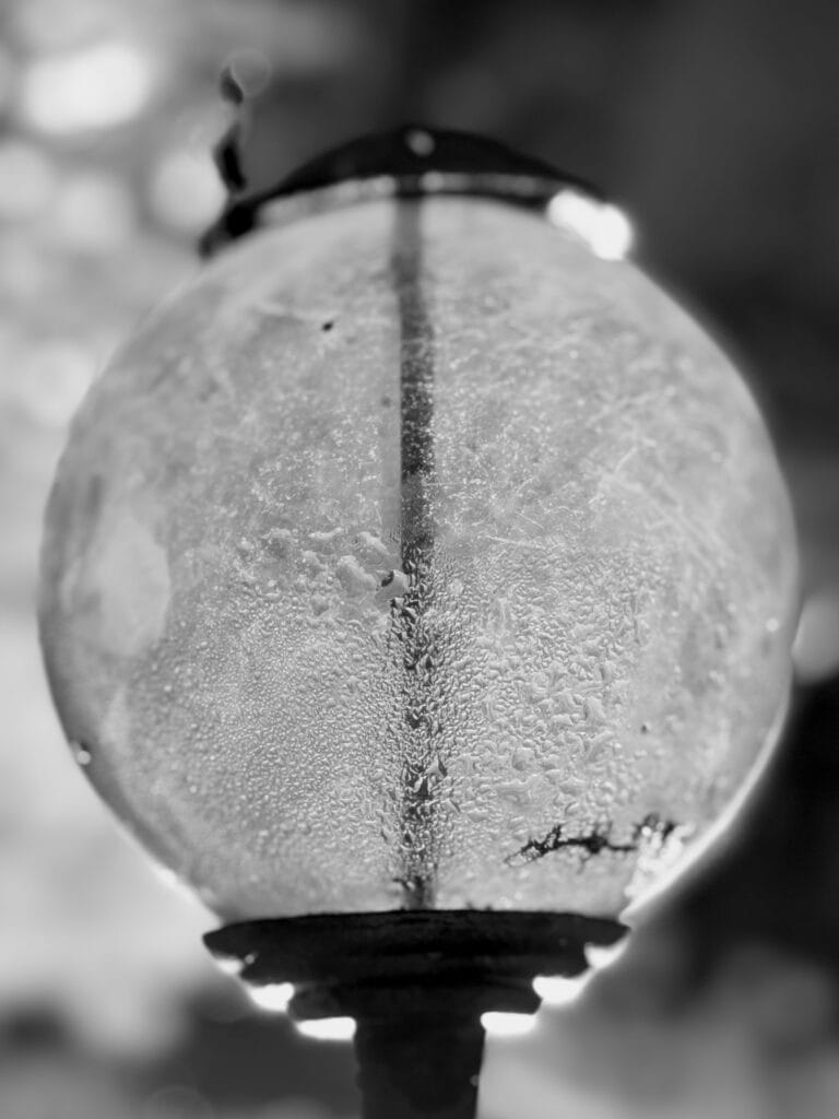Close-up of the glass bulb of a decorative garden lamp.