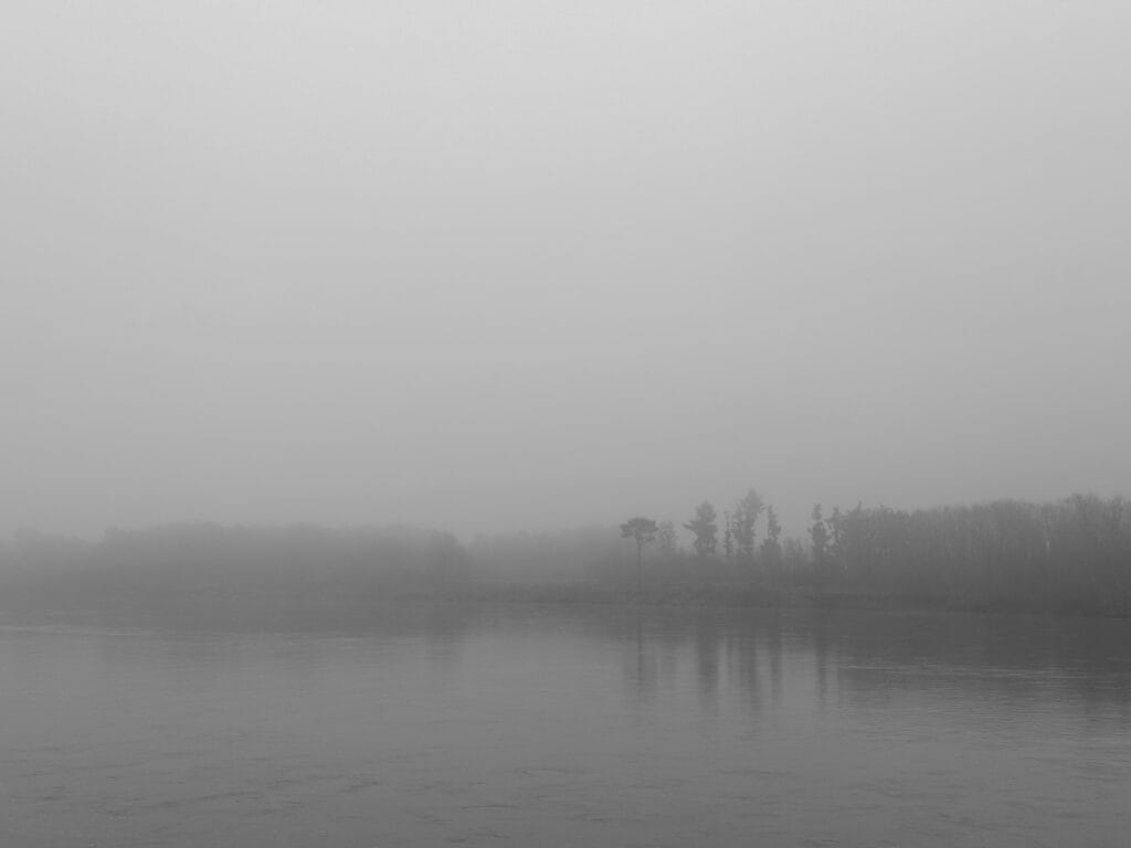A flat landscape with a line of trees and a stretch of water in the mist.