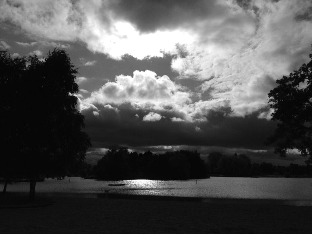 View of a lakeside landscape under a cloudy sky, with two trees framing the image in the foreground.