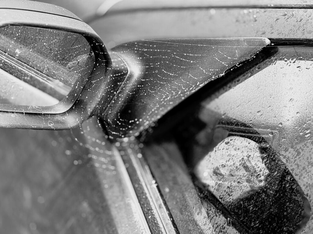 A spider's web woven between the rear-view mirror and the car door window.