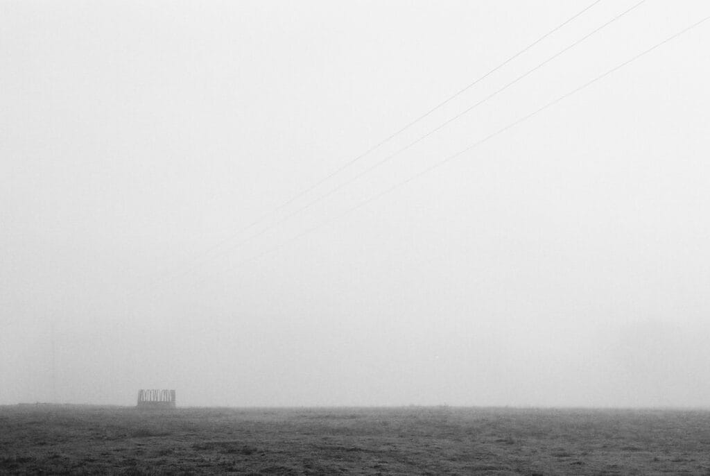 Empty pasture under a thick fog.