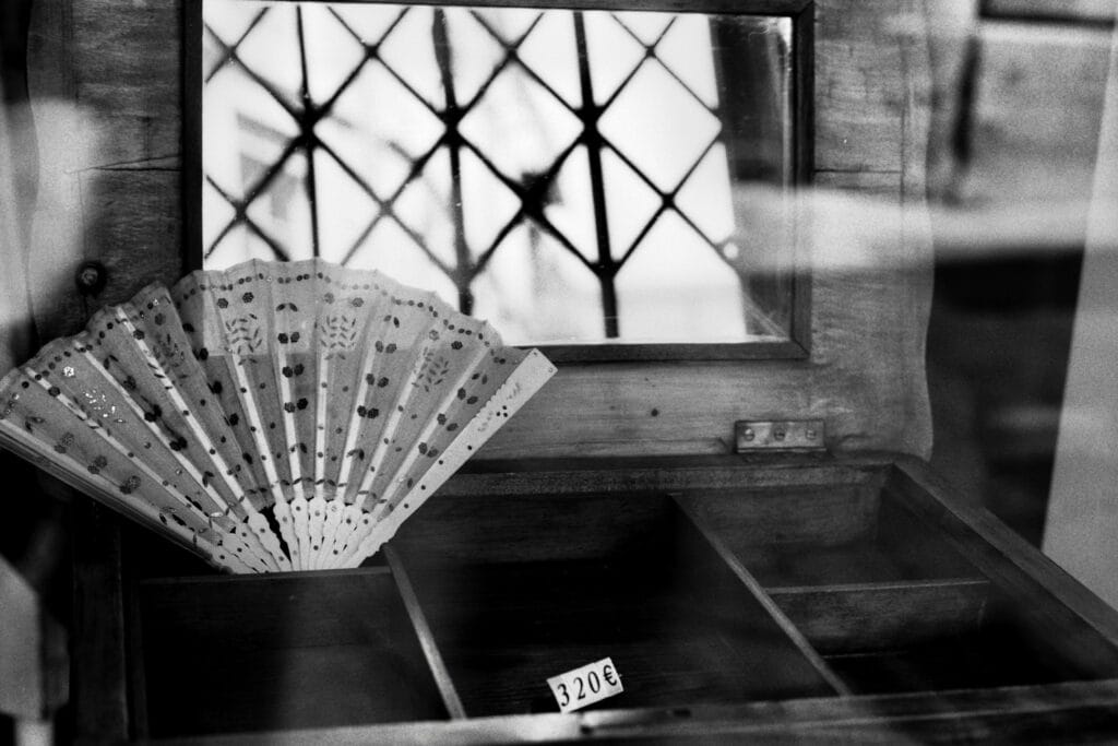 An open wooden jewellery box containing a fan, with a mirror under the lid that reflects the metal curtain of the storefront. The price is 320 euros.