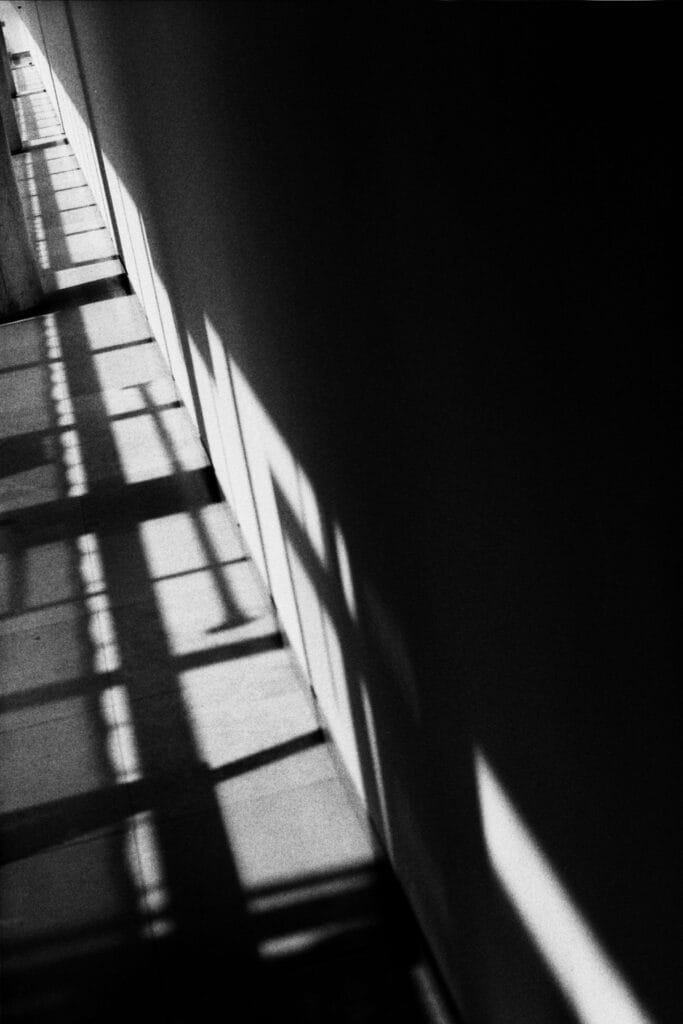 Daylight streaming through windows onto a long wall flanked by massive pillars.