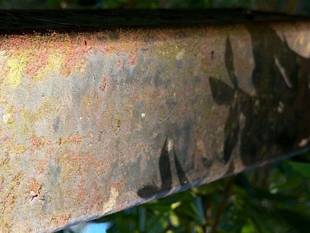 Shadows of foliage on a rusted metal bar.